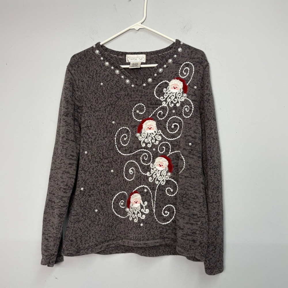 Mandalay Bay Womens Large Gray Santa Claus Faux Pearl Ugly Christmas Sweater